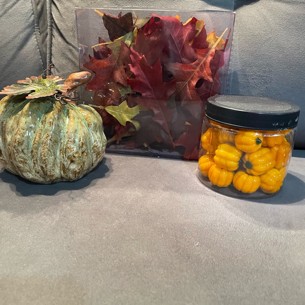 Autumn Decor Set with Ceramic Pumpkin and Faux Leaves